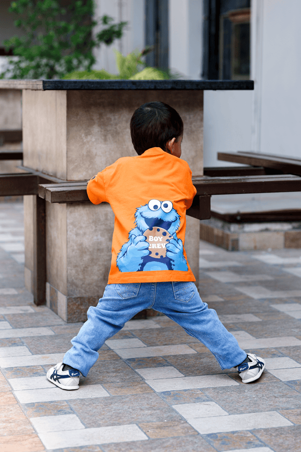 Cookie Chaos Orange Pop – Fun Printed Cotton T-Shirt for Kids